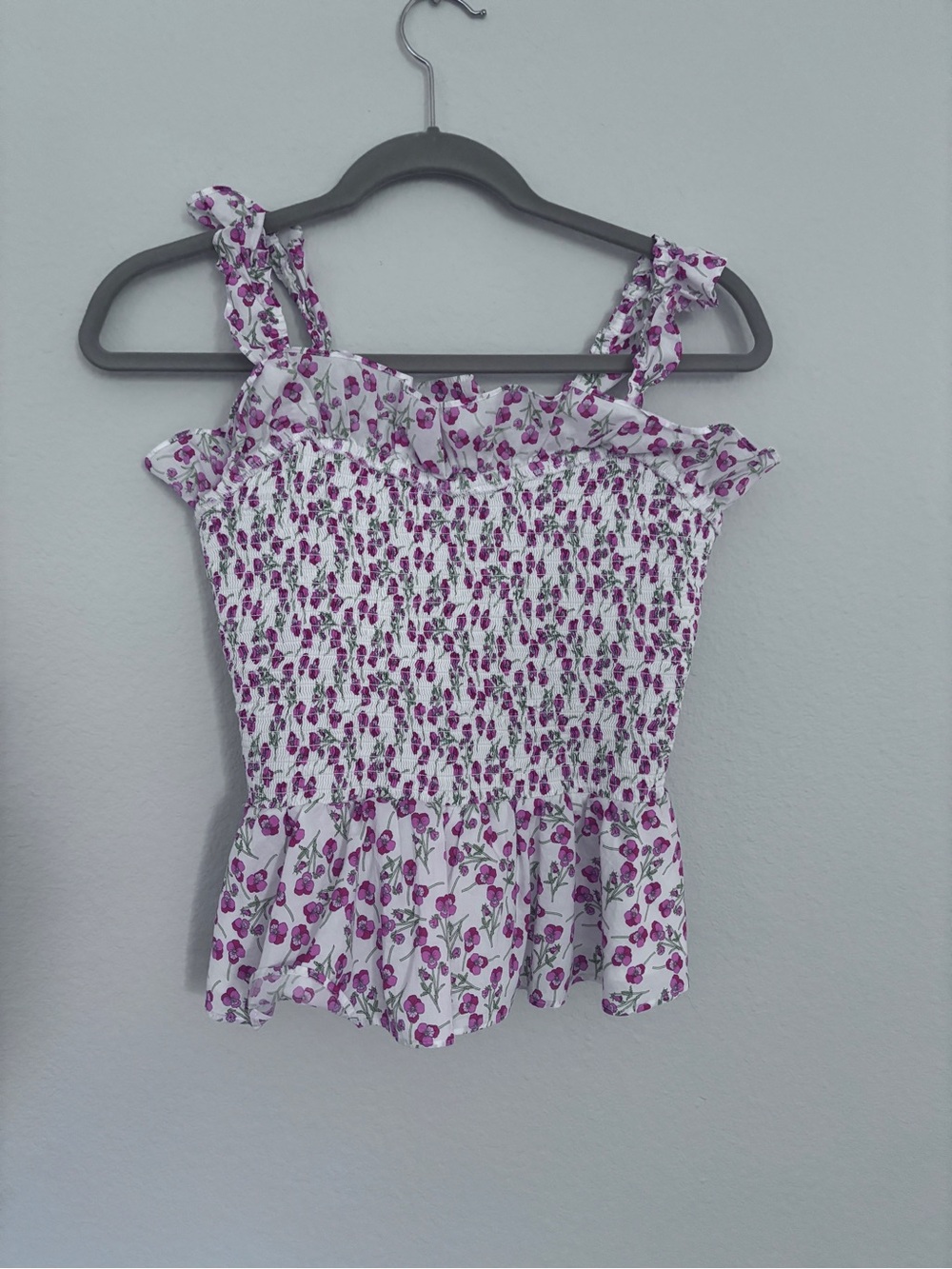 Floral Smocked Peplum Tank Top - White & Pink